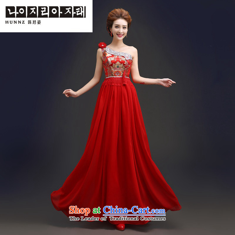 Hannizi 2015 stylish and simple booking wedding dress bride Sau San Red single shoulder banquet evening dresses RED M