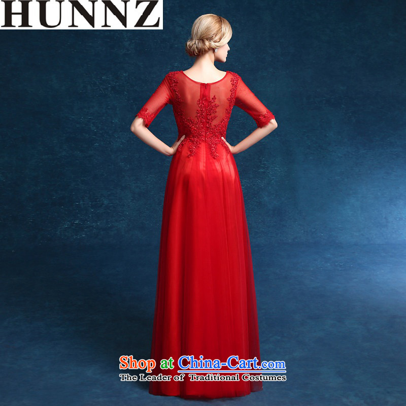 In 2015, the longest HUNNZ cuff solid color banquet evening dresses lace elegant red bride dress red XXL,HUNNZ,,, shopping on the Internet