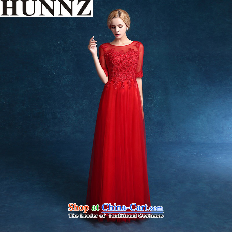 In 2015, the longest HUNNZ cuff solid color banquet evening dresses lace elegant red bride dress red XXL,HUNNZ,,, shopping on the Internet