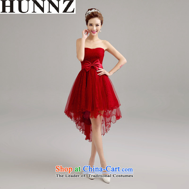 2015 Short HUNNZ Sleeveless Korean brides wedding dress wiping the chest pure color banquet evening dresses wine red XXL