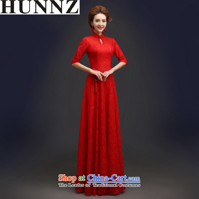 2015 Long dresses HUNNZ palace style bride wedding dress banquet dinner dress pure color long-sleeved L,HUNNZ,,,) shopping on the Internet