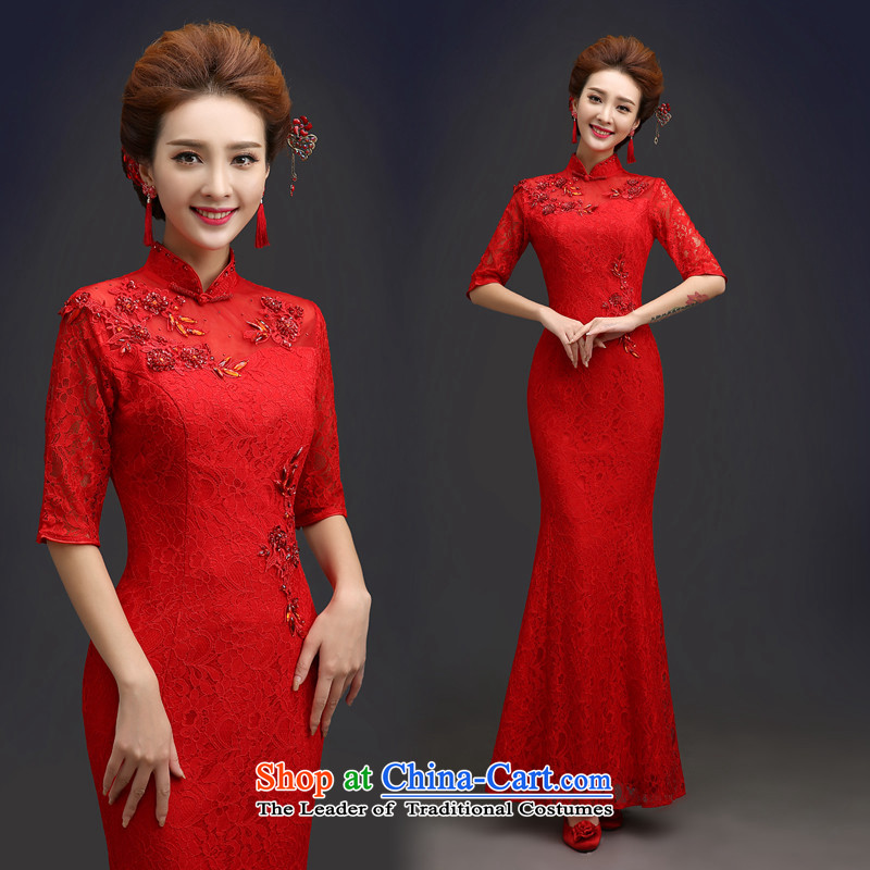 2015 Long 7 HUNNZ sub-sleeved bride wedding dress palace style banquet dress pure color RED M