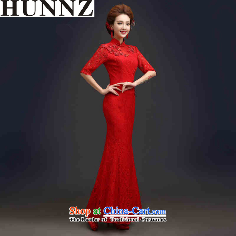 2015 Long 7 HUNNZ sub-sleeved bride wedding dress palace style banquet dress pure color red M,HUNNZ,,, shopping on the Internet