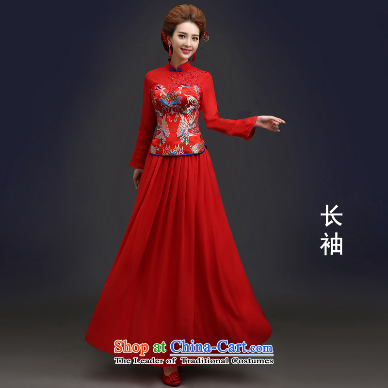 Hannizi 2015 stylish and simple Sau San retro banquet dress solid color word long-sleeved gown bride shoulder?M