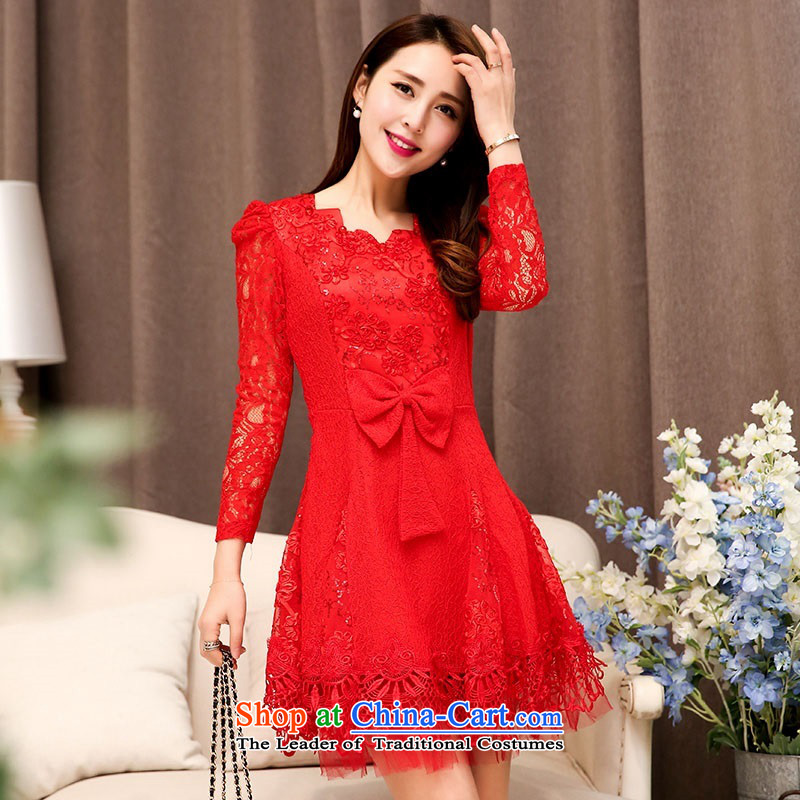 2015 Autumn and Winter Ms. new waves for long-sleeved lace engraving bridal dresses evening dresses Sau San Bow Tie Princess video thin skirt Fashion bride bows services 1 RED M