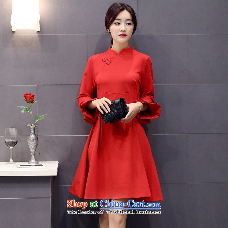 The 2015 autumn and winter Ms. New Pure Color China wind dresses minimalist retro style, a Korean word waist skirt Sau San hundreds pleated skirts petals cuff 2 black M