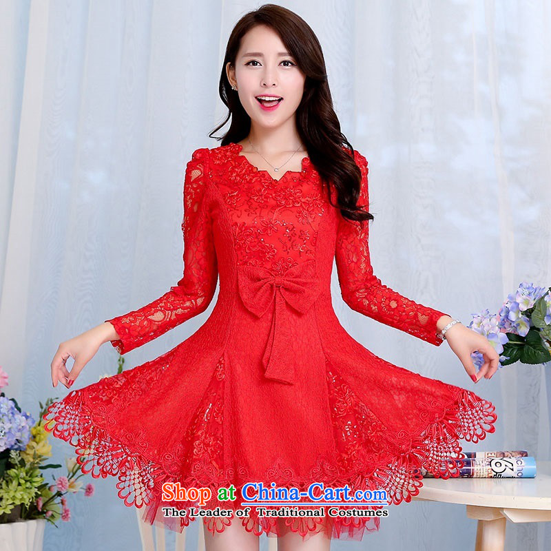 2015 Autumn and Winter Ms. new waves of sexy V-Neck long-sleeved red bridal dresses dress Sau San foutune bow tie bows to the Princess Bride Skirts 1 red L