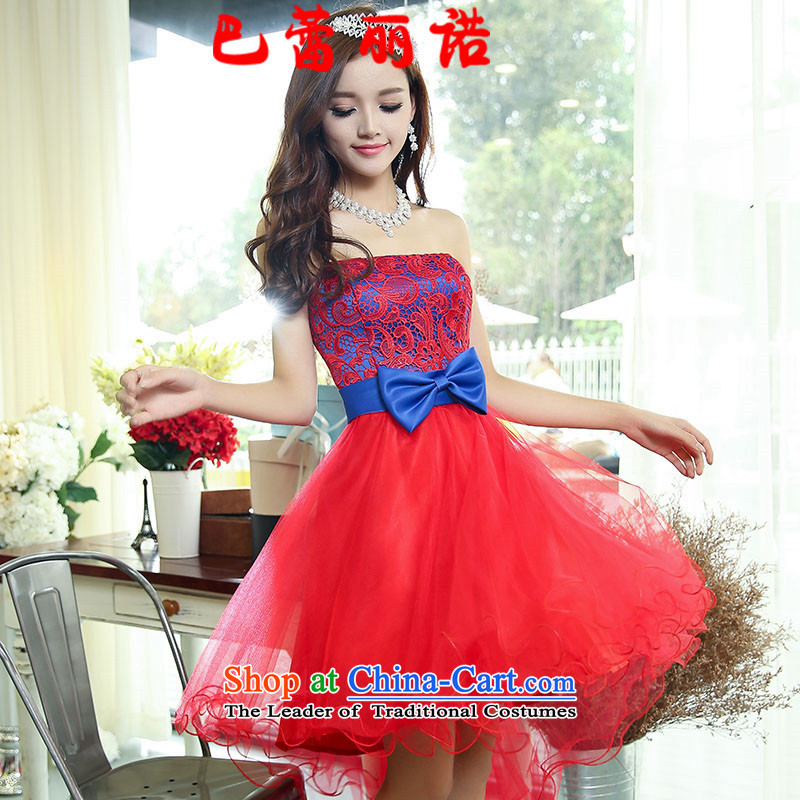 The buds of 2015 autumn and winter, the new bride dress classic lace stitching marriage bows services bridesmaid skirt bon bon skirt banquet hosted evening dresses Red, Blue?M
