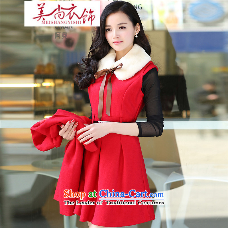The United States is still? 2015 autumn and winter clothing new temperament aristocratic small incense wind? kit skirt gross Korean Sau San video thin two kits dresses red jacket red dress?M