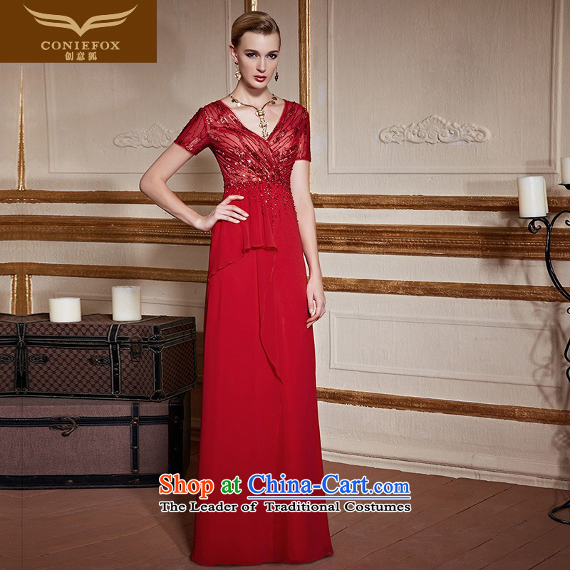Creative Fox red bride wedding dress stylish Short Sleeve V-Neck toasting champagne evening services under the auspices of Sau San dress to dress long skirt 31023 Red S