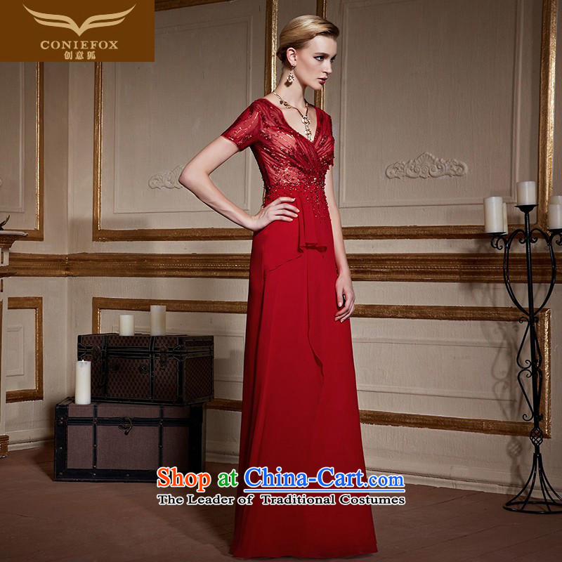 Creative Fox red bride wedding dress stylish Short Sleeve V-Neck toasting champagne evening services under the auspices of Sau San dress to dress long skirt 31023 Red Fox (coniefox S creative) , , , shopping on the Internet