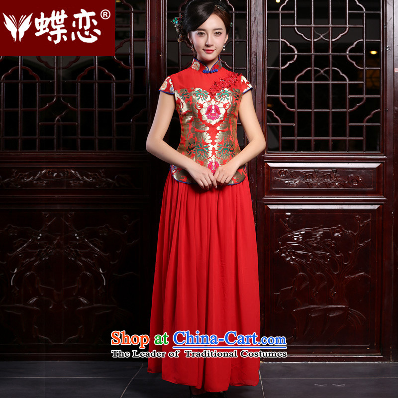 The Butterfly Lovers autumn 2015 new marriage qipao chinese red color long short-sleeved rocketed to Sau San dresses XS