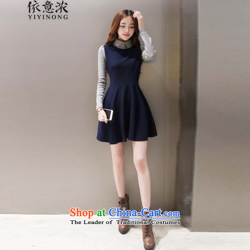 In accordance with the intention is thicker  330_2015 autumn spell followed a long-sleeved dresses knitted dresses in a skirt navy blue collar dolls XL