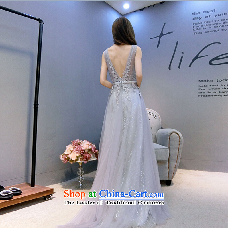 Time Syrian evening dresses 201 autumn and winter, Korean trendy new minimalist graphics thin shoulders banquet hosted Smoke Gray small trailing long evening drink served time in Syria has been pressed XXL, shopping on the Internet