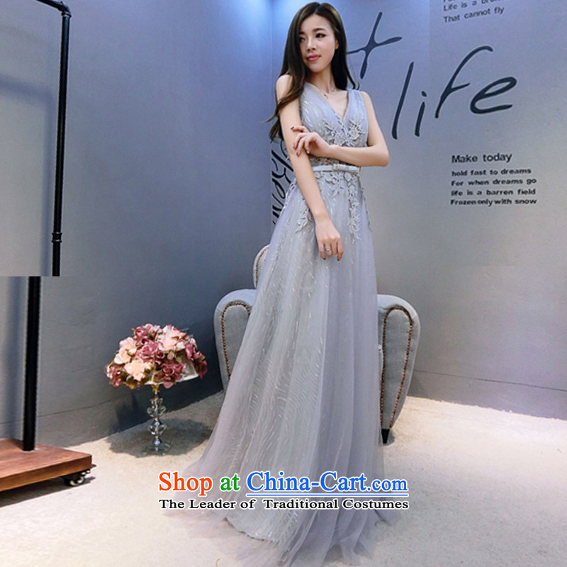 Time Syrian evening dresses 201 autumn and winter, Korean trendy new minimalist graphics thin shoulders banquet hosted Smoke Gray small trailing long evening drink served time in Syria has been pressed XXL, shopping on the Internet