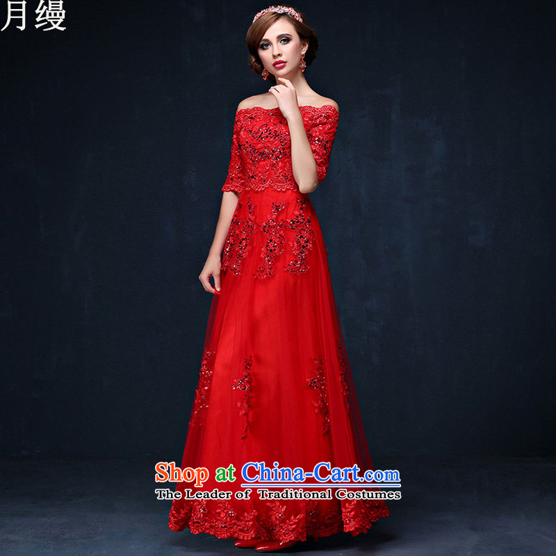 As the word on the shoulder evening dresses new 2015 autumn and winter Korean lace in cuff marriages bows services red long strap red long M on risk has been pressed shopping on the Internet