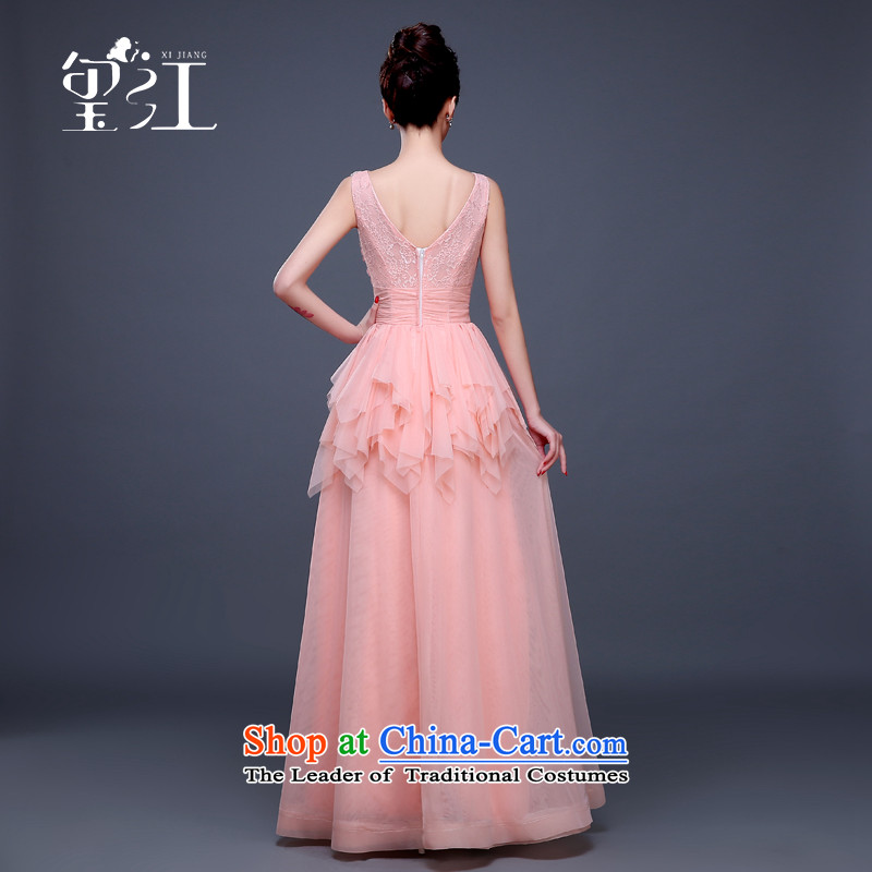 Seal bows dress dress Jiang Winter 2015 new products shoulders V-Neck zipper Sau San large thin graphics long chiffon banquet moderator dress female pink tailored contact customer services, and Seal Jiang shopping on the Internet has been pressed.