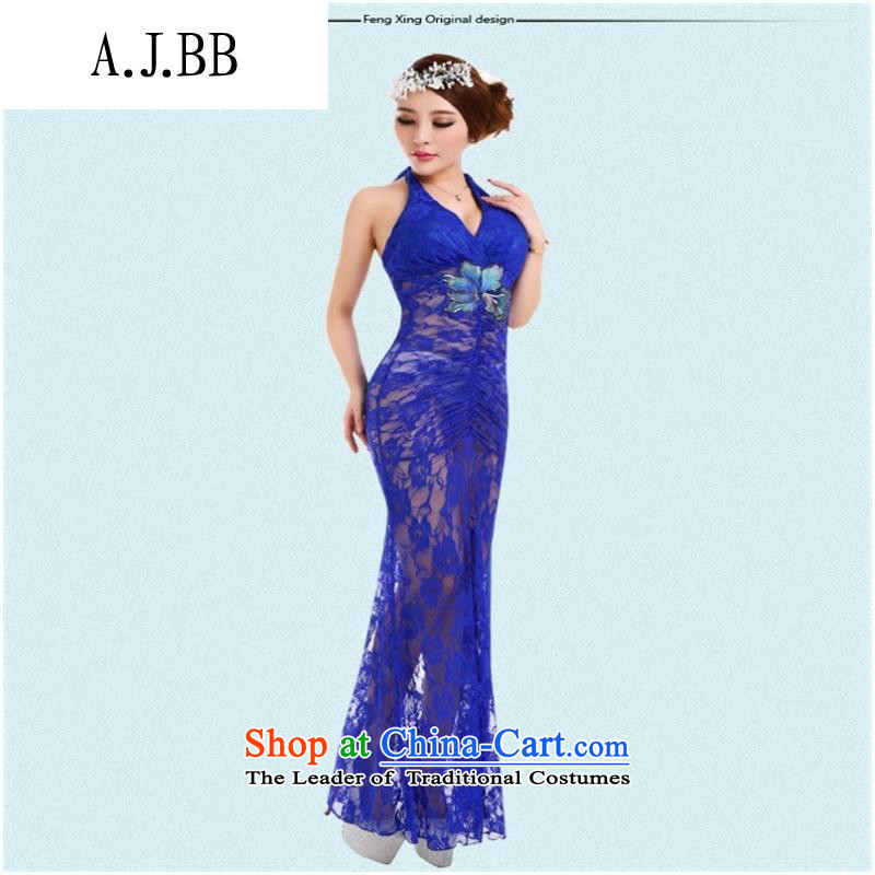 * Hang clothes shops and involving also covered shoulders dresses autumn and winter night club and sexy women small evening dresses long skirt Sau San long gauze fluoroscopy loading Po blue S,A.J.BB,,, shopping on the Internet