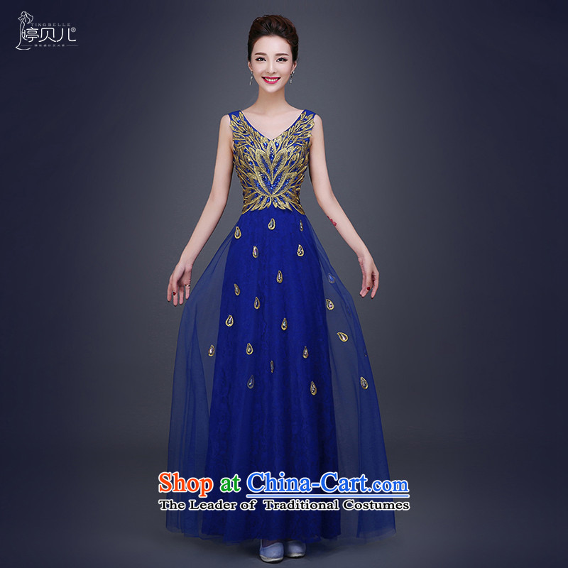 Beverly Ting 2015 Blue shoulders v-neck banquet evening dresses long new winter moderator night decorated Wedding tailor autumn blue?S
