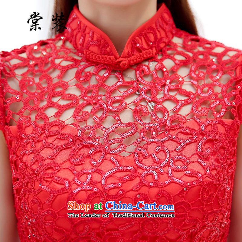 Install the new bride-tong bows services red lace stylish classic qipao Sau San graceful HSZM1576 RED M-dress with , , , shopping on the Internet