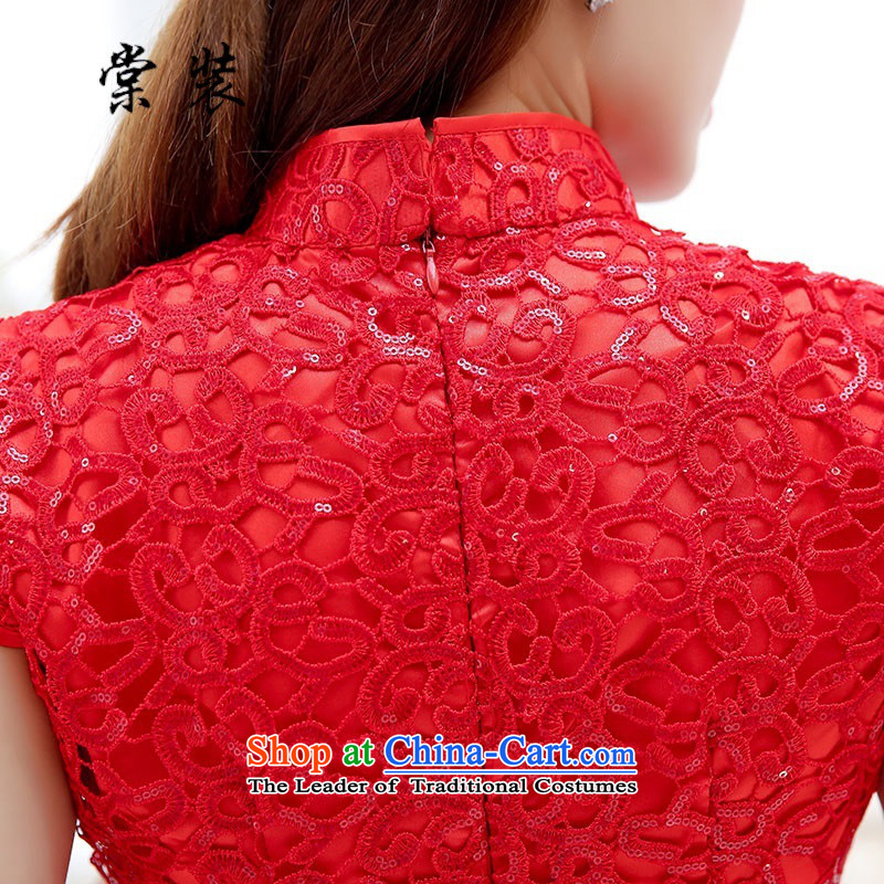 Install the new bride-tong bows services red lace stylish classic qipao Sau San graceful HSZM1576 RED M-dress with , , , shopping on the Internet