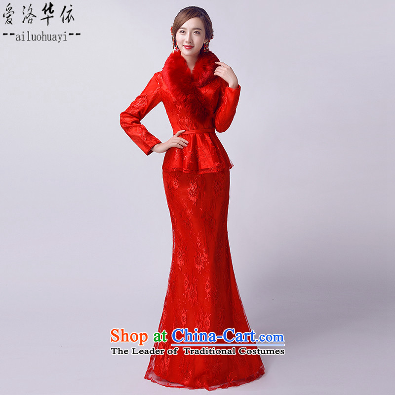 The new 2015 Service bows autumn and winter evening dresses long-sleeved plus cotton warm cheongsam long word crowsfoot shoulder the concert entitled to long Maomao service improvement retro female red XXL