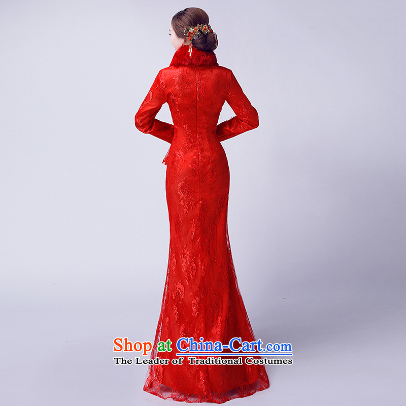 The new 2015 Service bows autumn and winter evening dresses long-sleeved plus cotton warm cheongsam long word crowsfoot shoulder the concert entitled to long Maomao service improvement retro female red , China in love XXL, shopping on the Internet has been pressed.