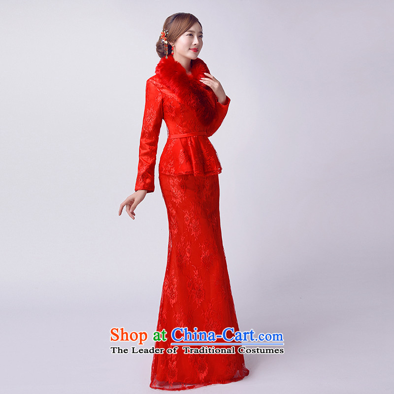 The new 2015 Service bows autumn and winter evening dresses long-sleeved plus cotton warm cheongsam long word crowsfoot shoulder the concert entitled to long Maomao service improvement retro female red , China in love XXL, shopping on the Internet has been pressed.