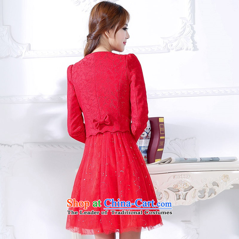 2015 Autumn and winter in the new president of the Red long two kits bridal dresses video thin banquet service     temperament princess skirt Fashion bows service performance dress 1 red L,uyuk,,, shopping on the Internet