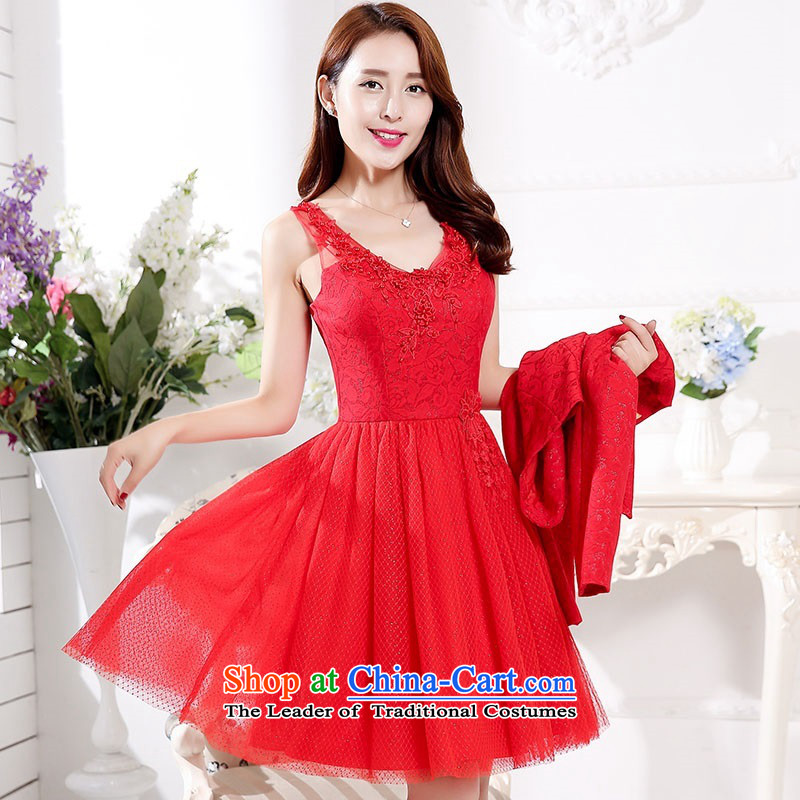 2015 Autumn and Winter Ms. new large red two kits V-Neck evening dress bridal dresses lace banquet service bridal dresses performances dress bridesmaid services 1 temperament redXXL
