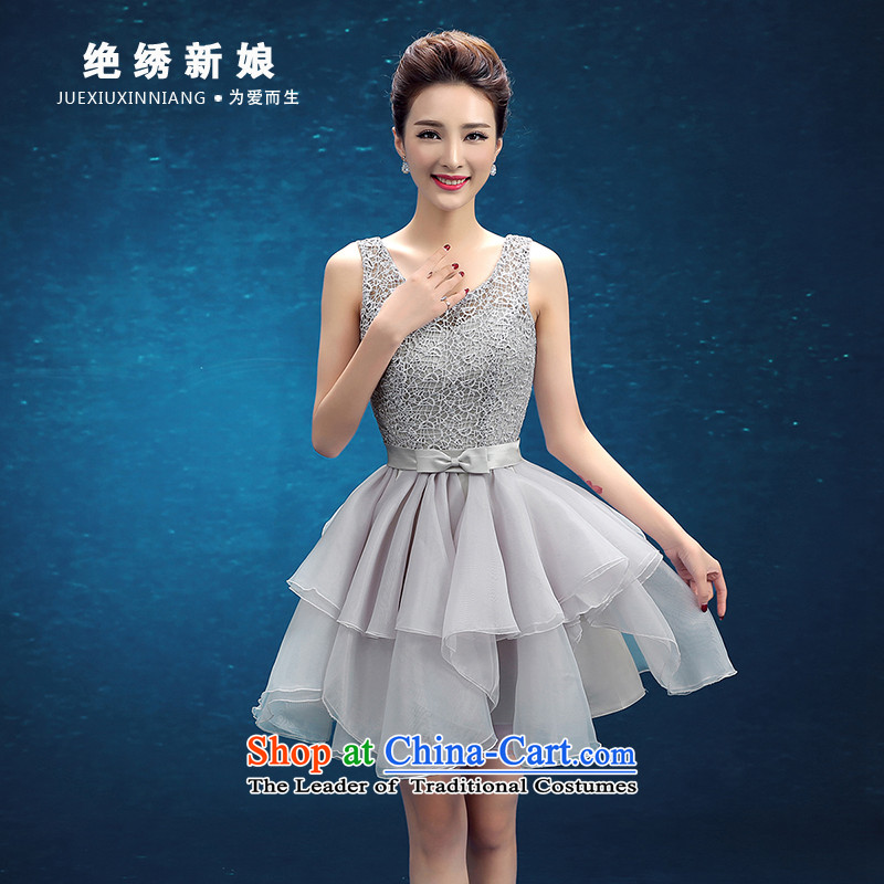 Embroidered bride2015 winter is the new Korean short of large graphics word thin shoulders bride banquet dinner dress light graySSuzhou Shipment