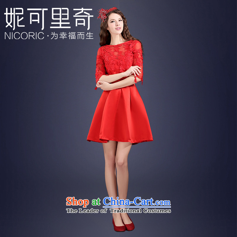 The new 2015 Service bows of autumn and winter red lace in marriages bows short-sleeved_ small red dress?S