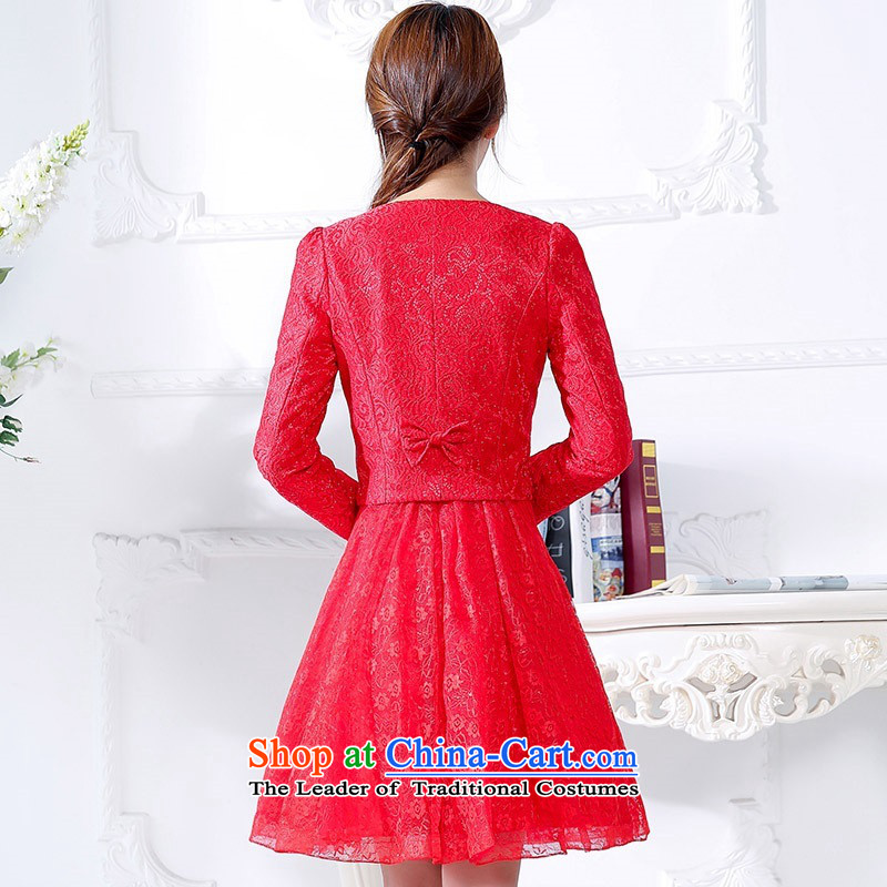 2015 Autumn and winter new women's large red long two kits bridal dresses Sau San video thin princess wedding dress jacket temperament dresses bows services 1 red M,uyuk,,, shopping on the Internet