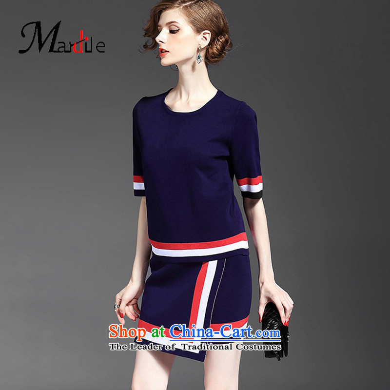 Maria di America  2015 MARDILE autumn new drop needle striped stitching knocked color and half short-sleeved package skirt two kits blue S, Princess Di America (MARDILE) , , , shopping on the Internet