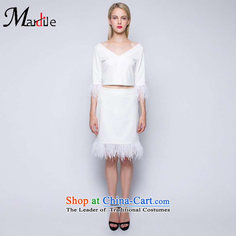 Maria di America  2015 MARDILE autumn and winter stylish edging deep V sexy women clothes in wild skirt two kits white L, Princess Di America (MARDILE) , , , shopping on the Internet