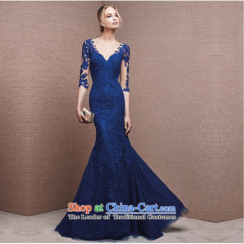 2015 Autumn and winter new stylish lace long-sleeved deep V-Neck evening dress long evening banquet larger bows to the Blue Photo, prices, S brand platters! The elections are supplied in the national character of distribution, so action, buy now enjoy more preferential! As soon as possible.