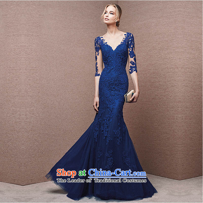 2015 Autumn and winter new stylish lace long-sleeved deep V-Neck evening dress long evening banquet larger bows services , pure love bamboo blue yarn , , , shopping on the Internet
