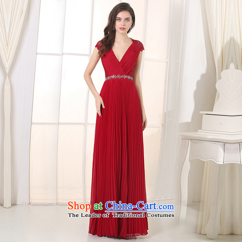 Custom dresses dressilyme 2015 new wine red chiffon like Susy Nagle diamond belt V-Neck lace reception party wedding party services deep red?XXL toasting champagne