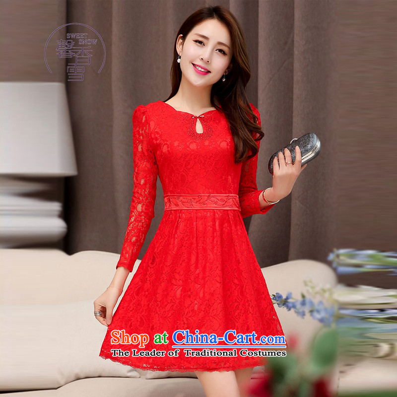 The autumn 2015 Ms. new Wristband engraving lace Sau San video thin dresses Chinese collar long-sleeved gown RED M