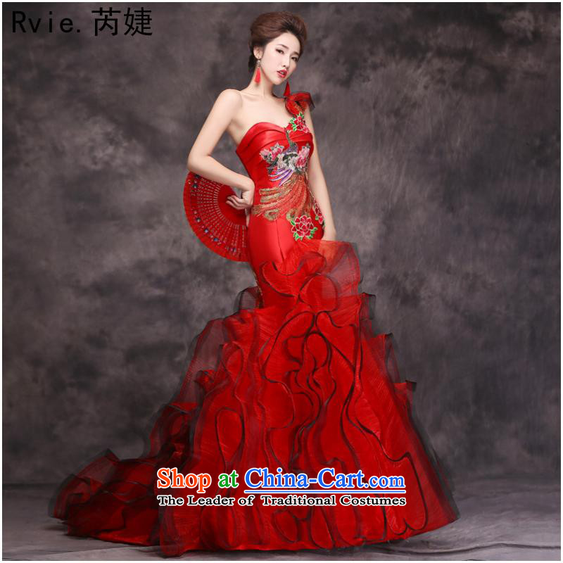 New evening dress of autumn and winter 2015 new crowsfoot bows to China wind will long single shoulder dress red S