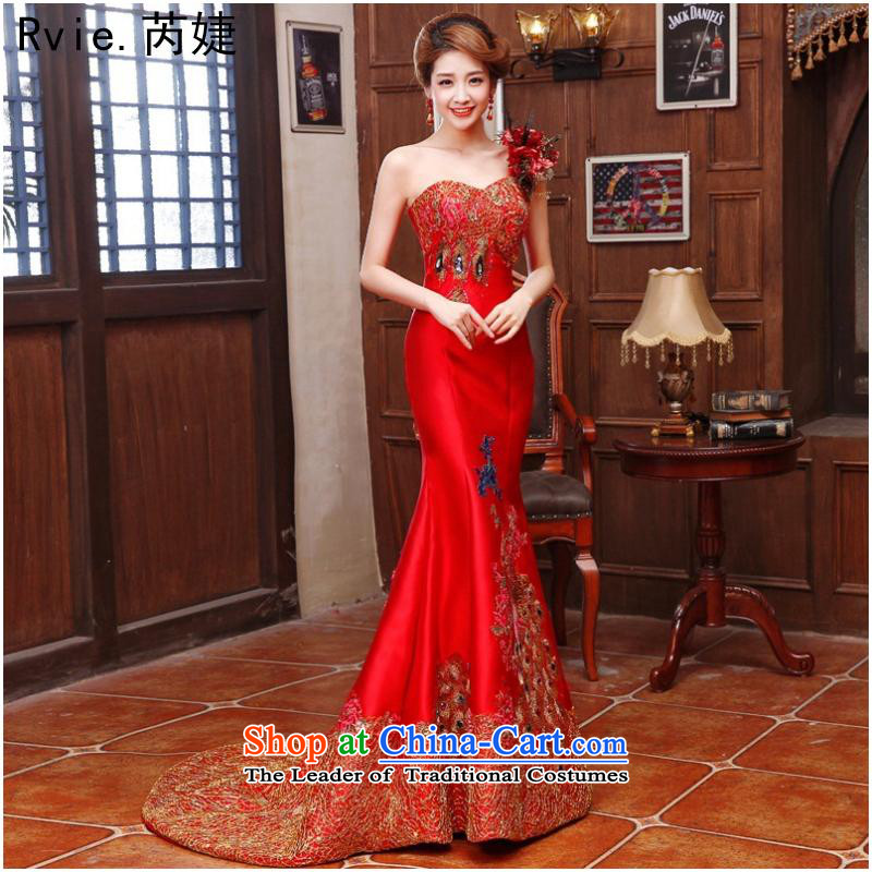 China wind marriages evening dresses bows to the female singles shoulder length of autumn and winter crowsfoot tail dresses new red tail_ XL