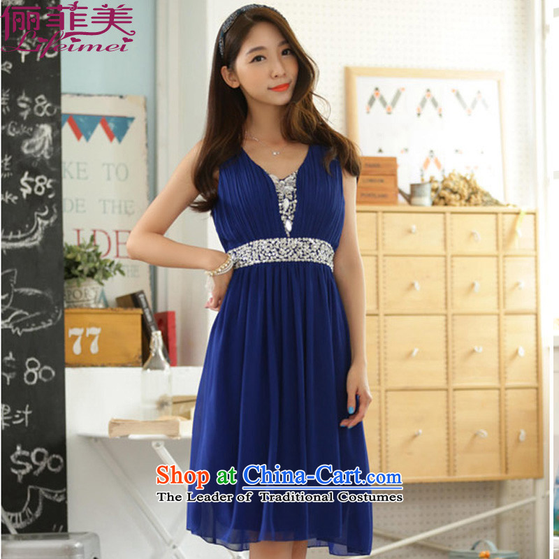 Li and the fat mm bright pearl of V-Neck manually staple collar height waist shoulders sleeveless chiffon larger evening dresses bridesmaid sister show the skirt blue?XL?115-130 for a catty