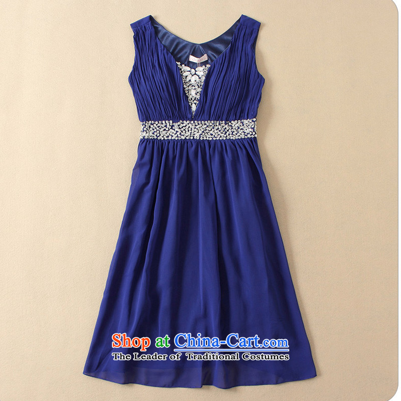 Li and the fat mm bright pearl of V-Neck manually staple collar height waist shoulders sleeveless chiffon larger evening dresses bridesmaid sister show the skirt blue XL suitable for 115-130, 158 and shopping on the Internet has been pressed.