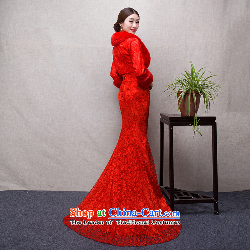 In accordance with the marriage of China love bows services 2015 winter new stylish tail shoulders crowsfoot Sau San red bride dinner gown + gross shawl dress S4 in accordance with the China.... love shopping on the Internet