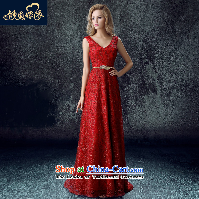 2015 new shoulders V-Neck marriage red long bows services couture betrothal festival evening wine red tail?XXL