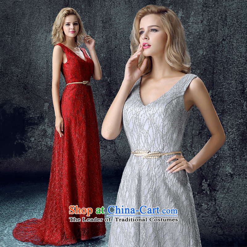 2015 new shoulders V-Neck marriage red long bows services couture betrothal festival evening wine red XXL, tail of the dumping of the wedding dress shopping on the Internet has been pressed.