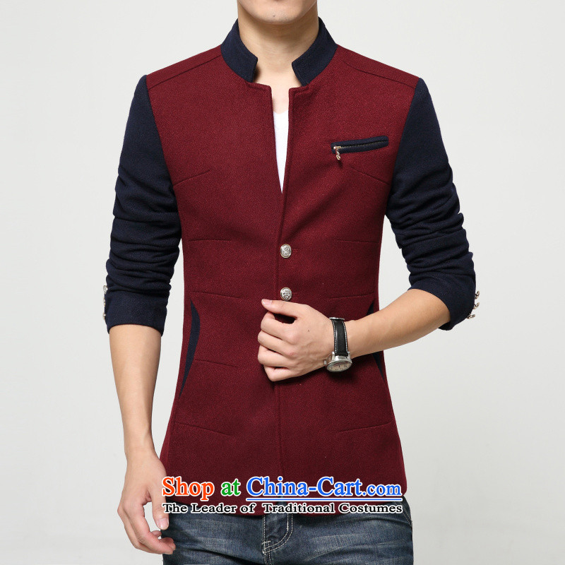 Jch autumn new design stitching Men's Mock-Neck Chinese tunic male Korean Sau San Tong replacing small business suit male business leisure suit Chinese tunic wine red Xl,jch,,, shopping on the Internet