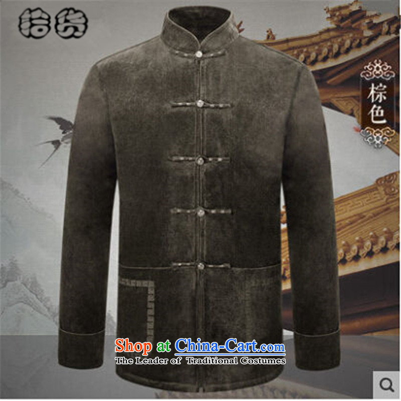 Pick the 2015 autumn and winter New China wind elderly men Tang dynasty antique grandfather jacket coat solid color collar Chinese Disc detained father brown jacket M pick (shihuo) , , , shopping on the Internet