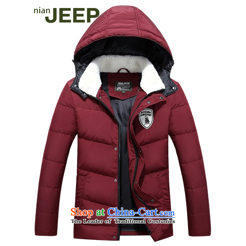 Jeep shield NIAN JEEP down the autumn and winter new Korean short jacket, Sau San youth leisure is a removable cotton coat D4012 wine redXL-Height weight 145g-160g 170-175 32 5.