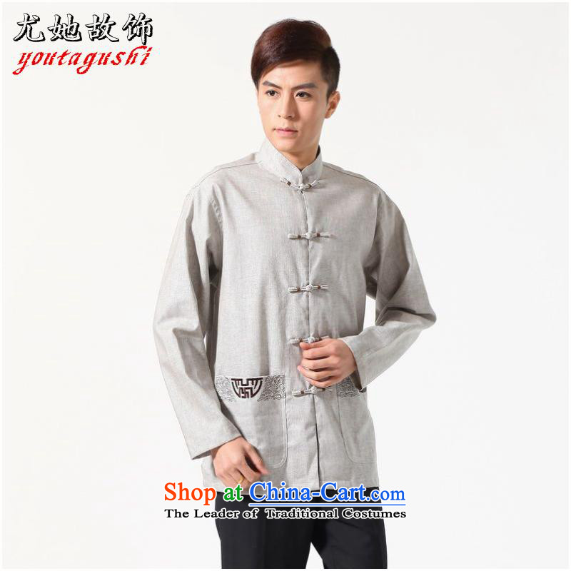 She was particularly international long-sleeved Tang Dynasty Chinese Improved large Chinese tunic of Men's Mock-Neck embroidered cotton linen Tang dynasty shirt -A gray XXL, she was particularly international shopping on the Internet has been pressed.